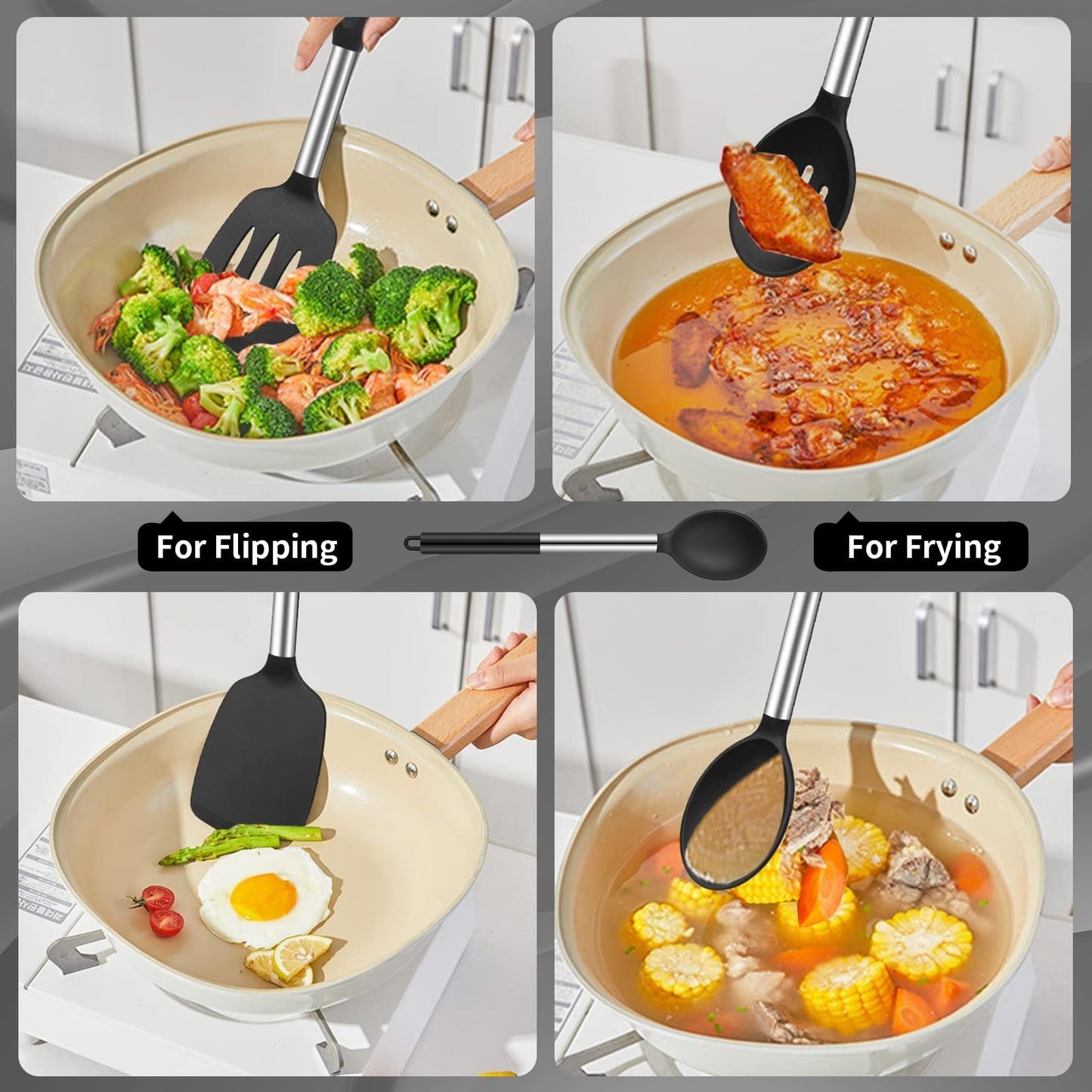 Non-Stick Safe Silicone Cooking Spatulas and Spoons, 4 Pack Heat Resistant Silicone Cooking Utensils Set, Non-stick Large Ki... - Heat-Resistant Silicone Cooking Spatula Turner Detail