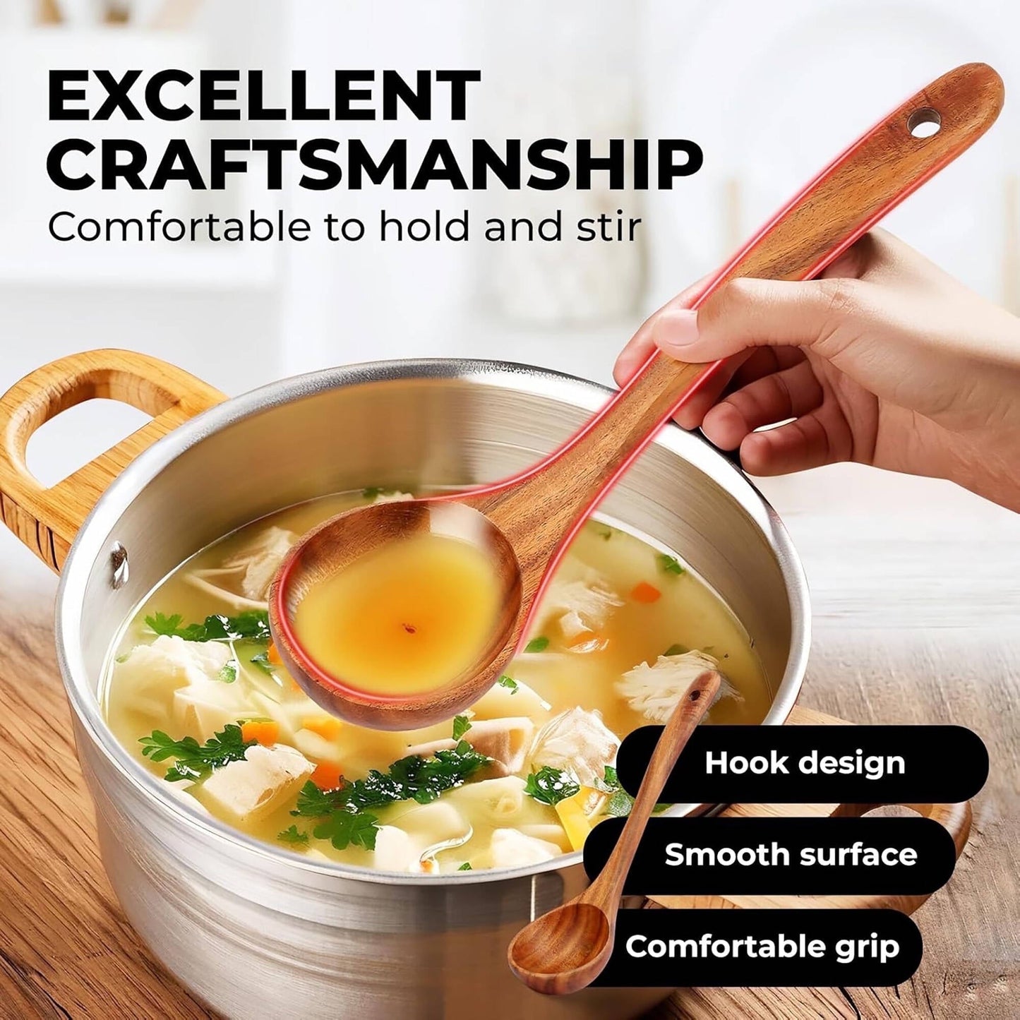 Ergonomic Cooking 6-Piece Natural Teak Wooden Spoons for Cooking With 10 Hooks,Handcrafted Kitchen Utensils Set ,Ideal Gift Set - Durable Turner & Ladle Utensil Set for Home Chefs Detail