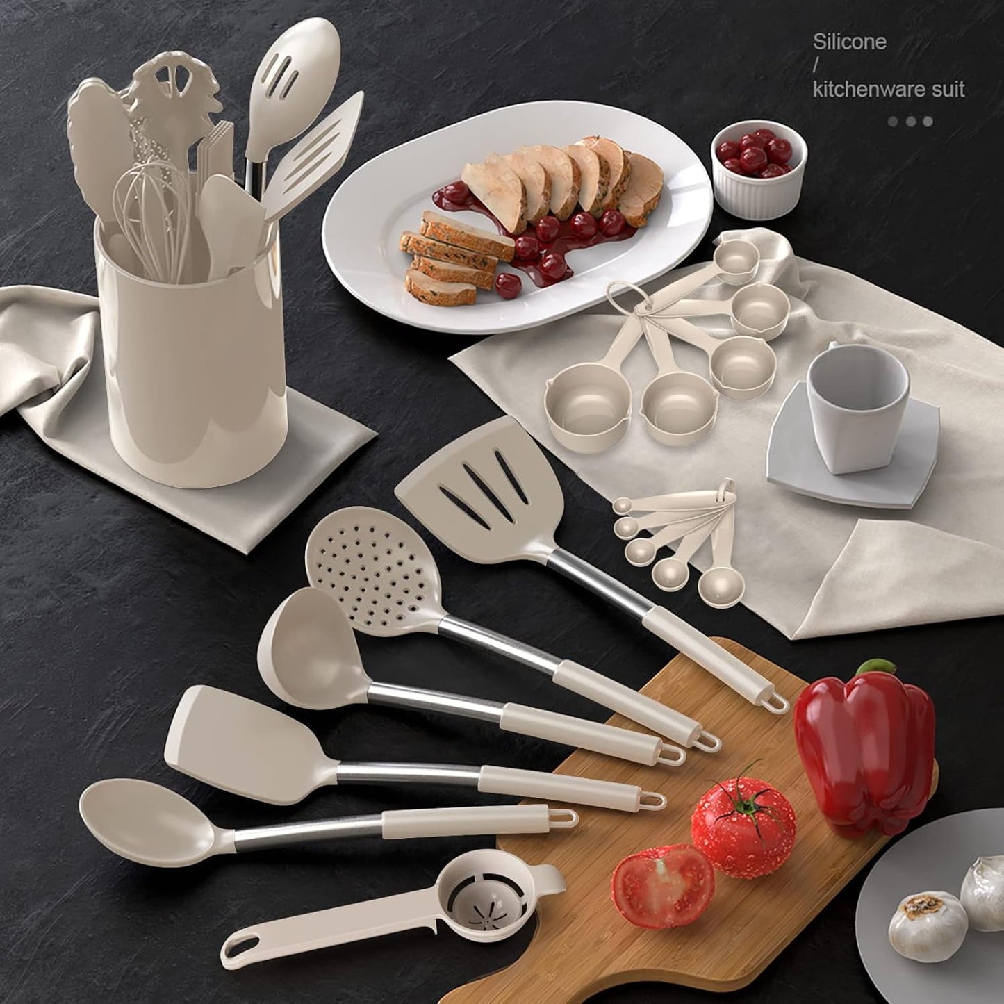 Professional Grade Large Silicone Cooking Utensils Set - Heat Resistant Kitchen Utensils,Turner Tongs,Spatula,Spoon,Brush,Whisk,Stainles... - Multi-Purpose Hand Tool for Daily Meal Prep Detail