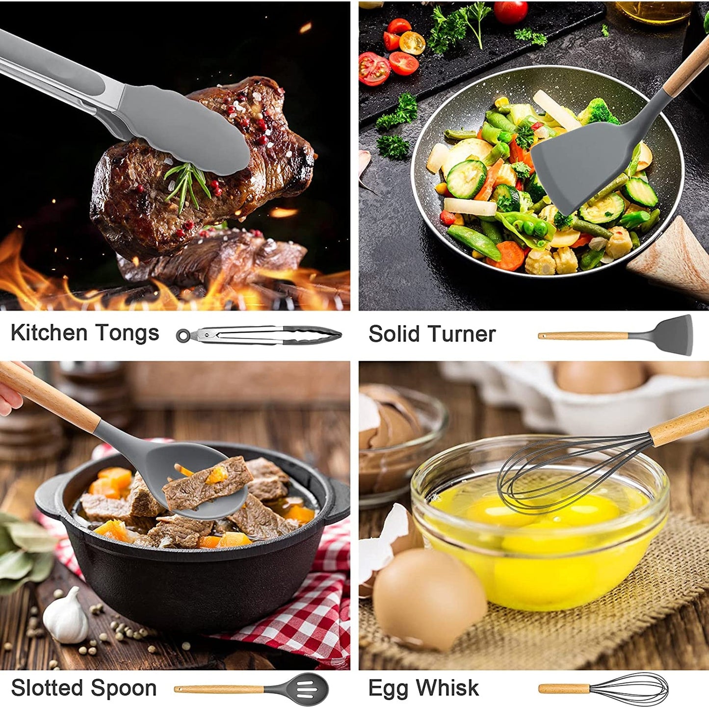Ergonomic Cooking Silicone Cooking Utensils Set, 446°F Heat Resistant Wooden Handle Cooking Kitchen Utensils Spatula Set with Holder fo... - Heat-Resistant Silicone Cooking Spatula Turner Detail