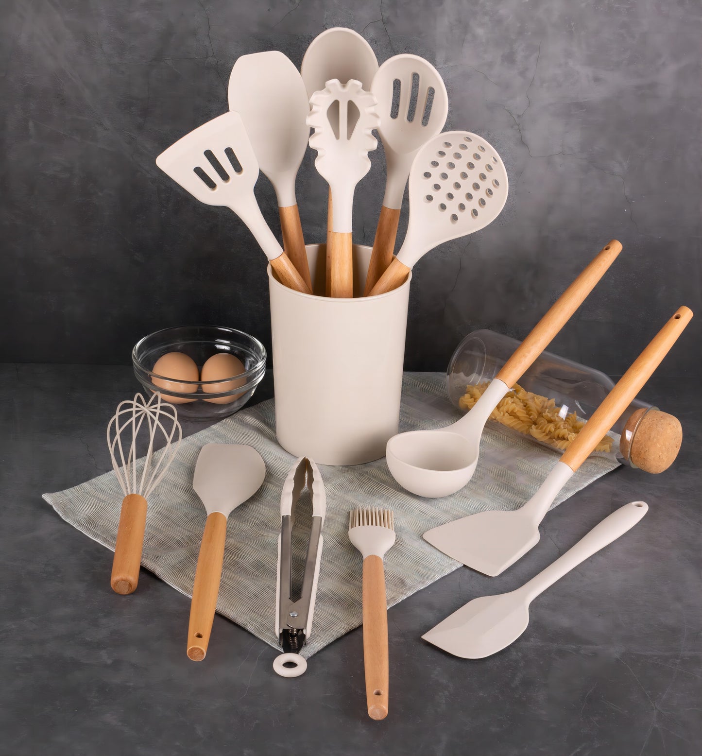 Heat-Resistant 14pcs Cooking Utensil Set with Caddy - Premium Stainless Steel Cooking Utensil for Non-Stick Pots Detail
