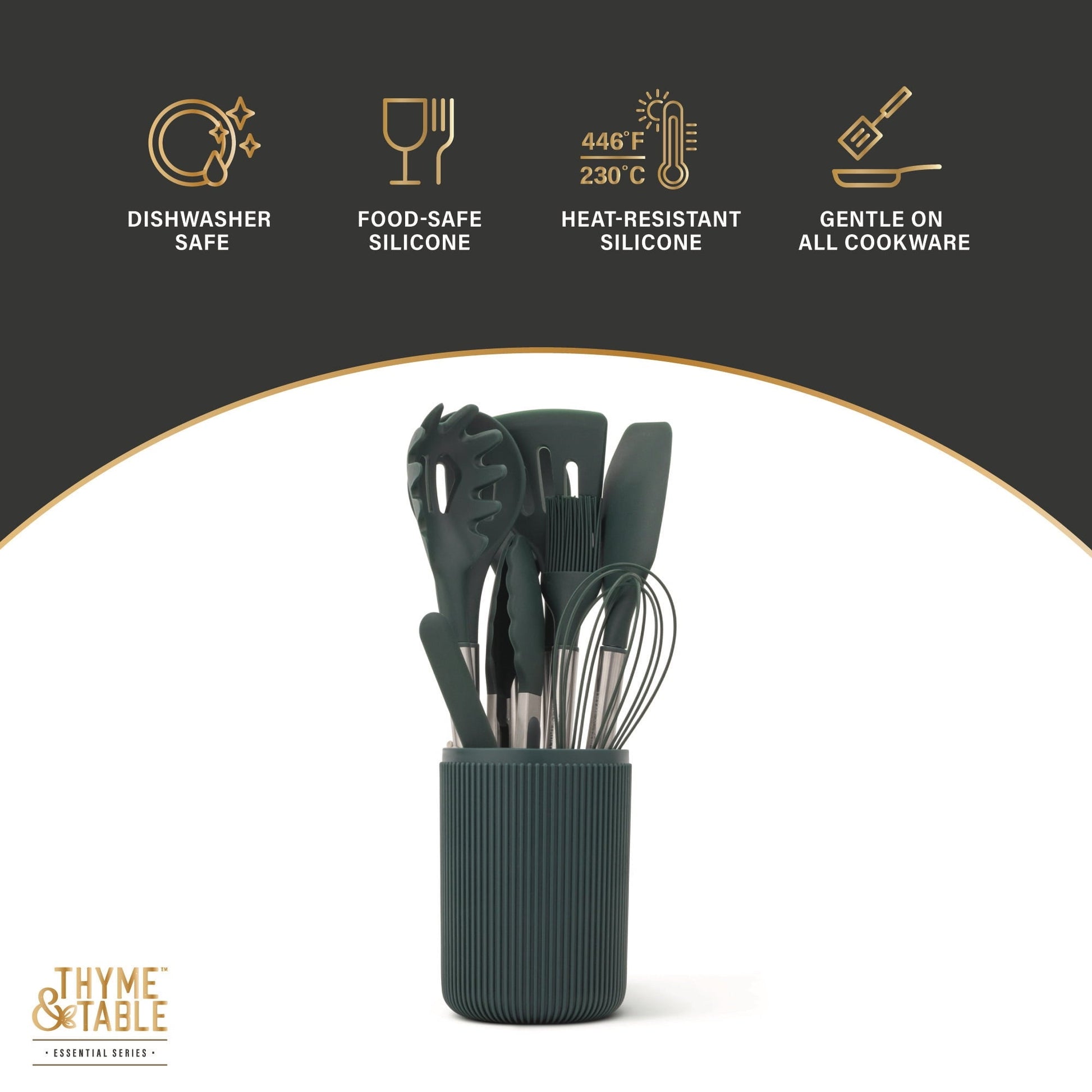 Ergonomic Cooking 10-Piece Silicone Gadget Set - Green - Premium Stainless Steel Cooking Utensil for Non-Stick Pots Detail