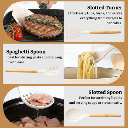 Heat-Resistant 14-Piece Silicone Cooking Utensils Set, Non-Stick Kitchen Utensil Set for Baking, Flipping, Mixing, White - Premium Stainless Steel Cooking Utensil for Non-Stick Pots Detail