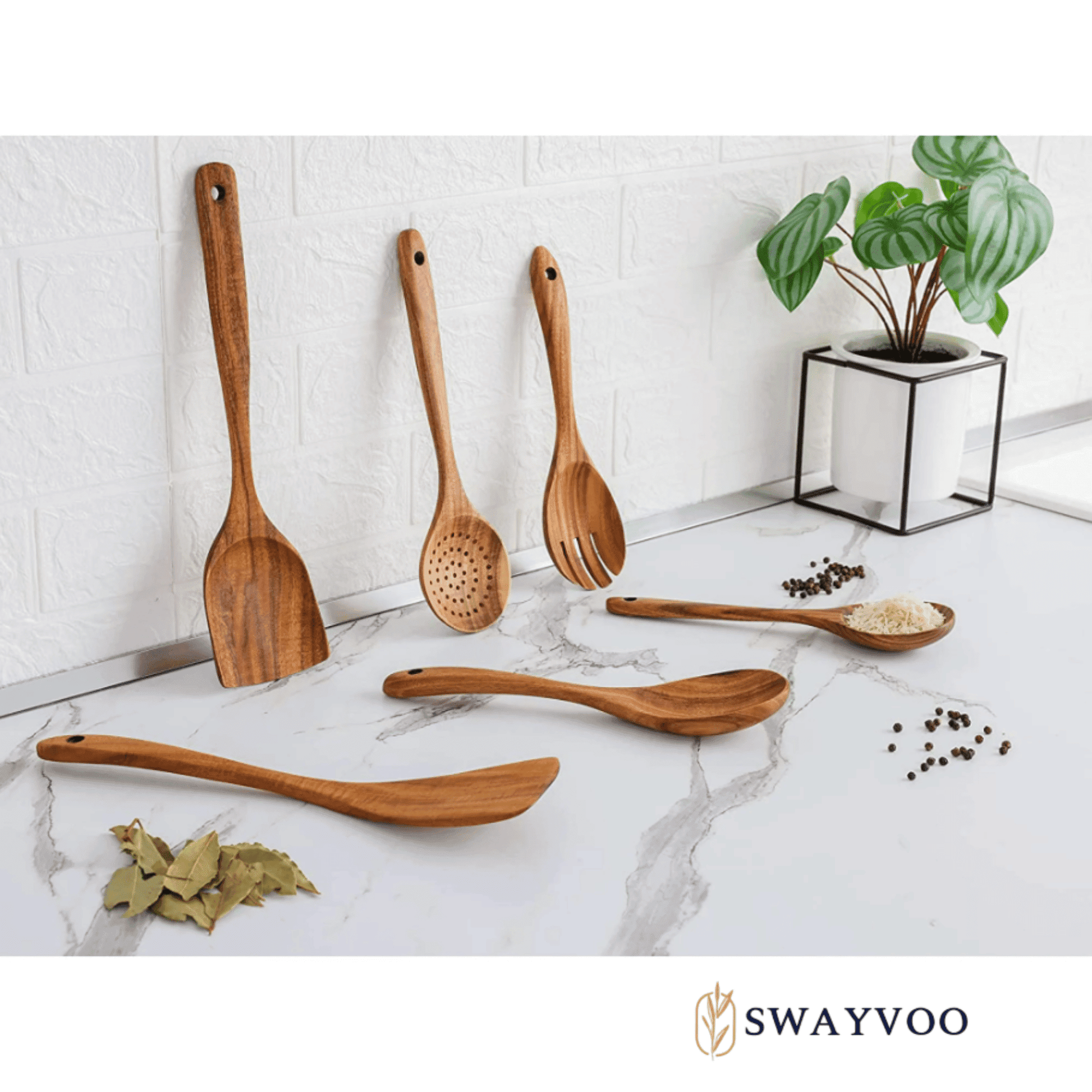 Seamless One-Piece Wooden Spoons for Cooking, 6-Piece 100% Natural Teak Wooden Utensils for Cooking — Heat Resistant, Non-Stick ... - Durable Turner & Ladle Utensil Set for Home Chefs Detail