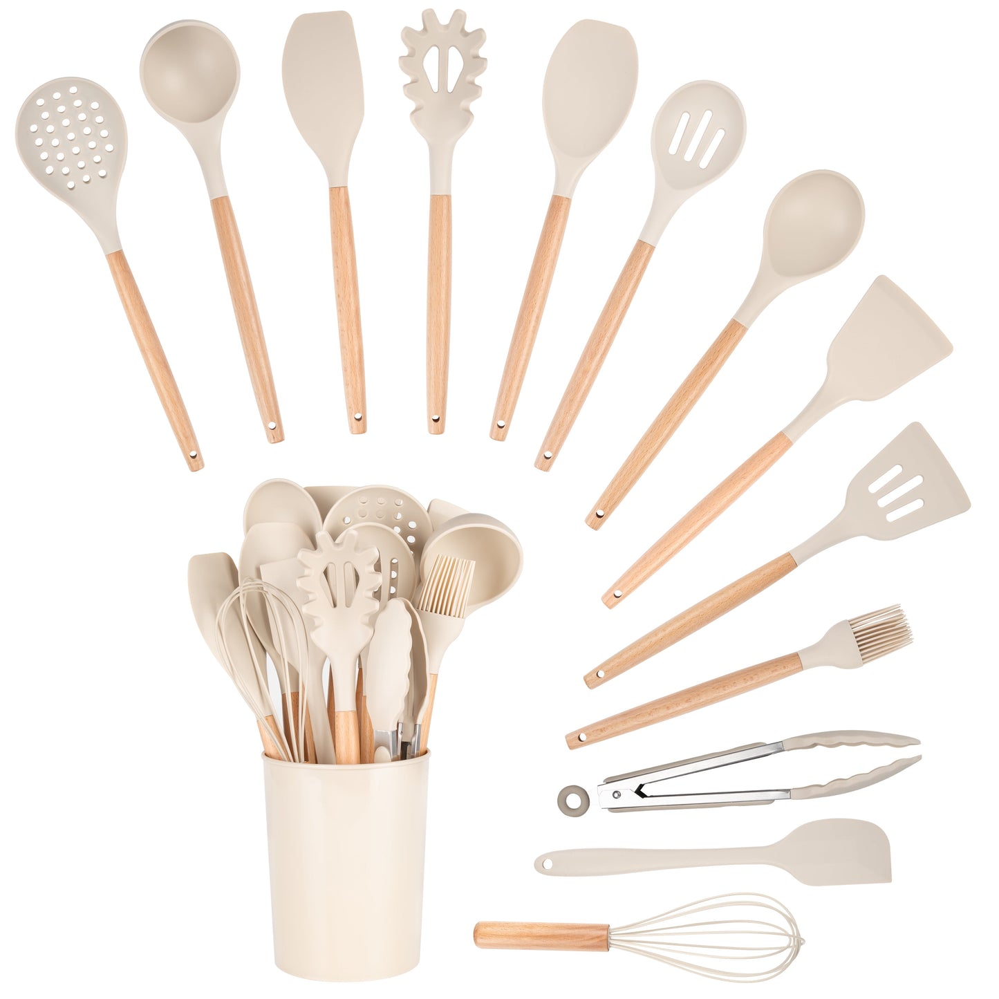 Heat-Resistant 14pcs Cooking Utensil Set with Caddy - Premium Stainless Steel Cooking Utensil for Non-Stick Pots Detail