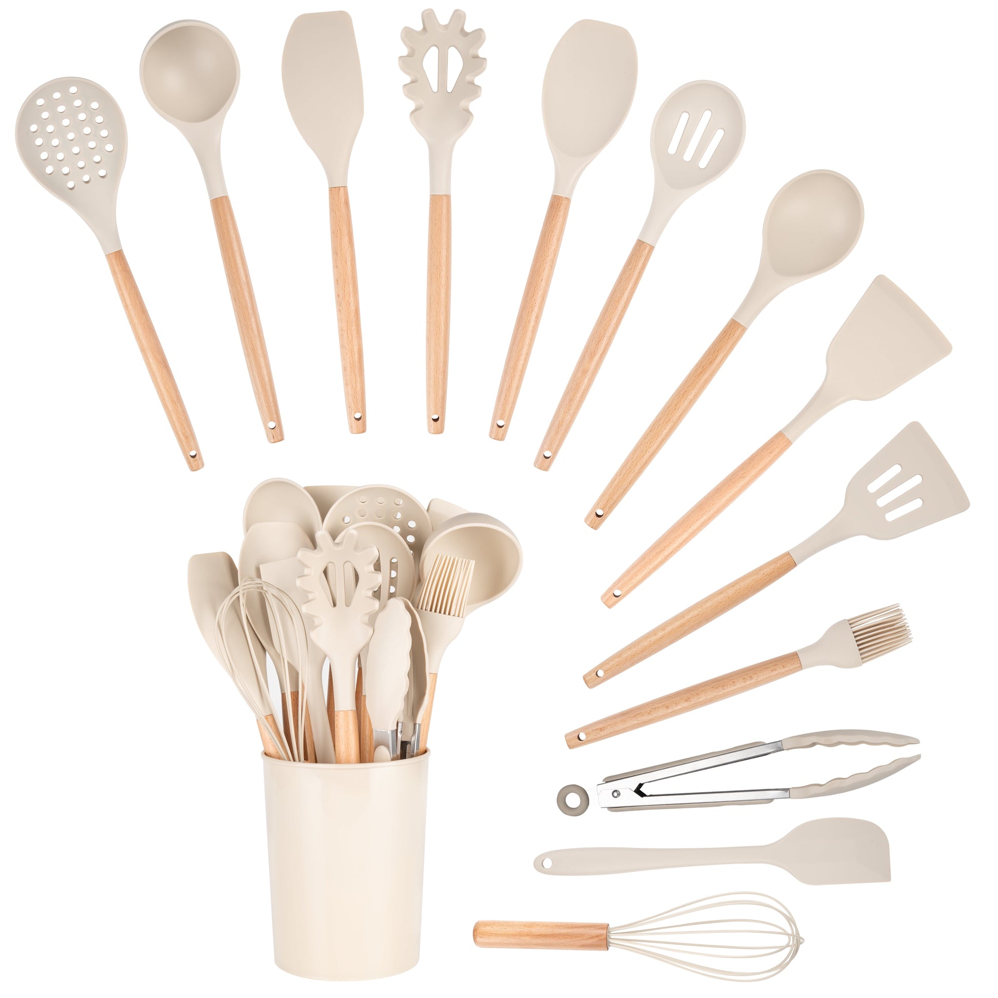 Heat-Resistant 14pcs Cooking Utensil Set with Caddy - Premium Stainless Steel Cooking Utensil for Non-Stick Pots Detail