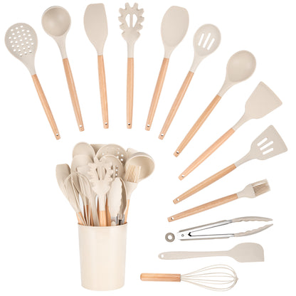 Heat-Resistant 14pcs Cooking Utensil Set with Caddy - Premium Stainless Steel Cooking Utensil for Non-Stick Pots Detail
