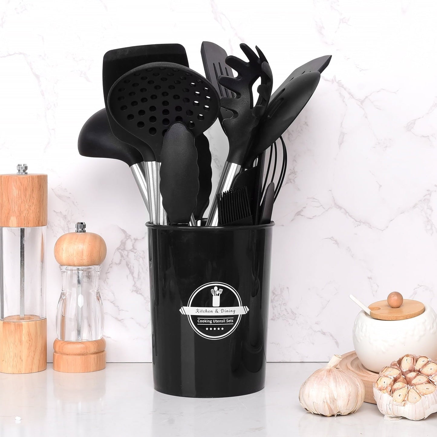 Ergonomic Cooking Silicone Cooking Utensils Set, 26 Pcs, Heat Resistant Kitchen Utensils Set, Black - Premium Stainless Steel Cooking Utensil for Non-Stick Pots Detail