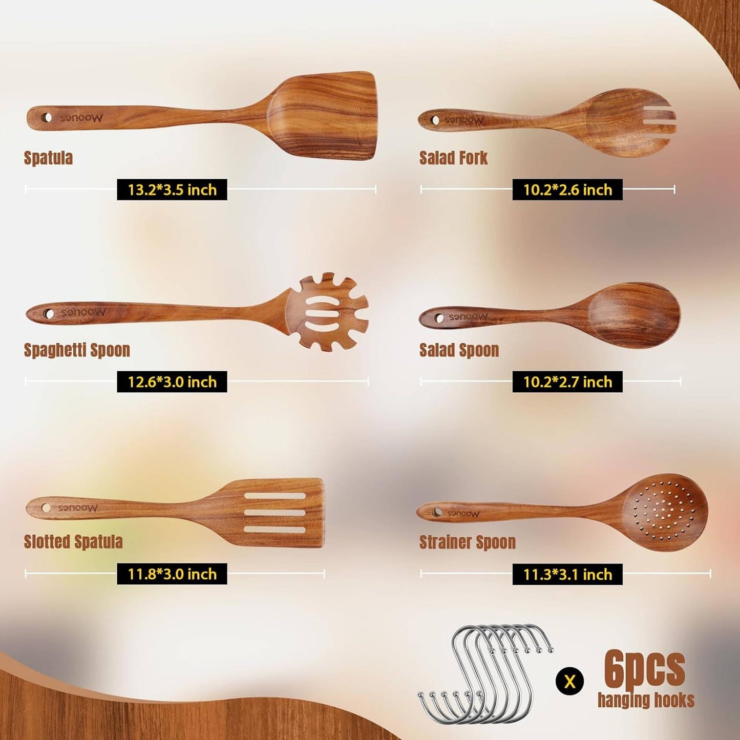 Ergonomic Cooking 6-Piece Natural Teak Wooden Spoons for Cooking With 10 Hooks，Handcrafted Kitchen Utensils Set ，Ideal Gift Set - Durable Turner & Ladle Utensil Set for Home Chefs Detail
