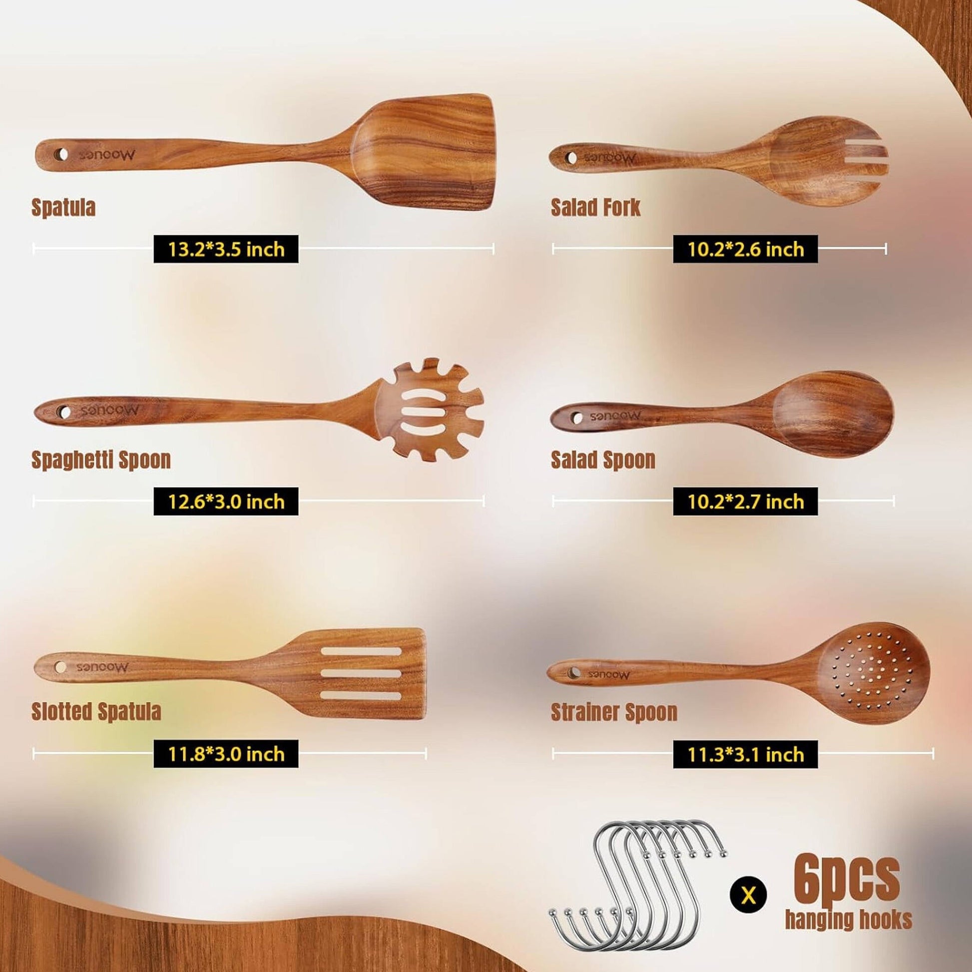 Ergonomic Cooking 6-Piece Natural Teak Wooden Spoons for Cooking With 10 Hooks，Handcrafted Kitchen Utensils Set ，Ideal Gift Set - Durable Turner & Ladle Utensil Set for Home Chefs Detail