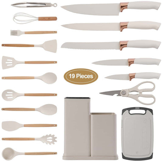 Heavy Duty Kitchen Utensils Set for Cooking, 11 Cooking Utensils, 6 Knife set Beige,3 Utensil Sets,utensilios de cocina - Multi-Purpose Hand Tool for Daily Meal Prep - Default Title