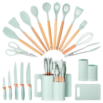 Durable Steel 19pcs Silicone Kitchen Utensil Set, Heat-Resistant Non-Stick Easy Cooking Cleaning Home Light-Green - Professional Kitchen Tool for Culinary Enthusiasts - Default Title