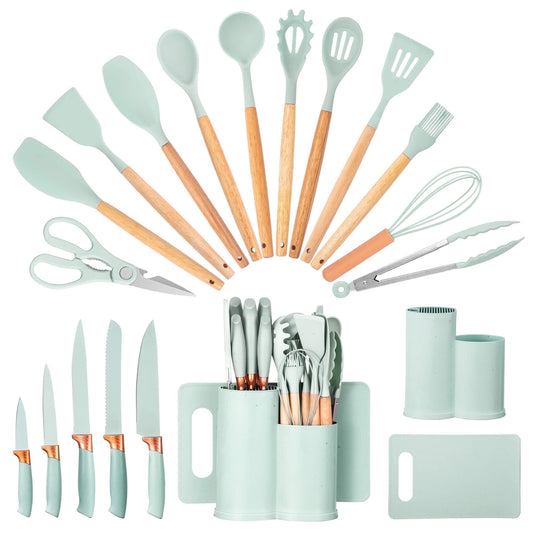 Durable Steel 19pcs Silicone Kitchen Utensil Set, Heat-Resistant Non-Stick Easy Cooking Cleaning Home Light-Green - Professional Kitchen Tool for Culinary Enthusiasts - Default Title