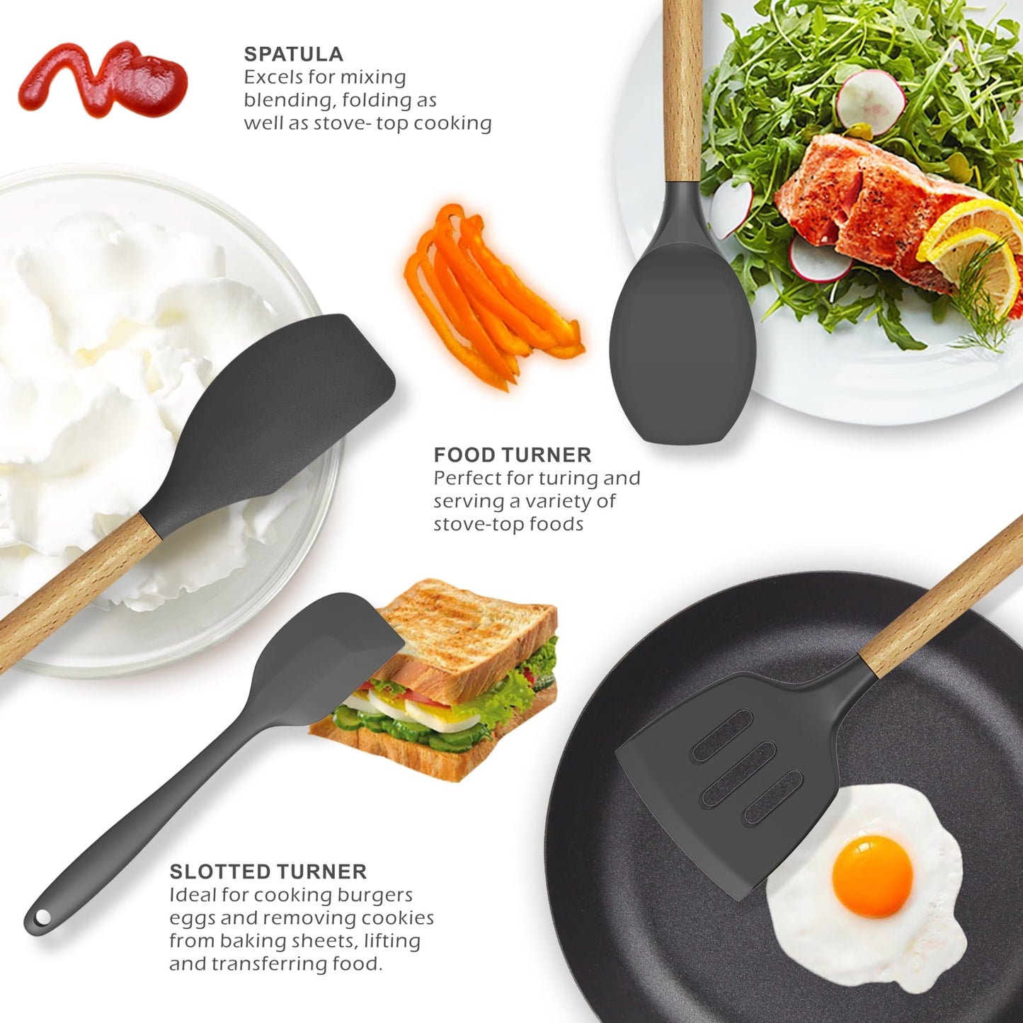 Non-Stick Safe Silicone Cooking Utensils Set - 446°F Heat Resistant Silicone Kitchen Utensils for Cooking,Kitchen Utensil Spatula Se... - Premium Stainless Steel Cooking Utensil for Non-Stick Pots Detail