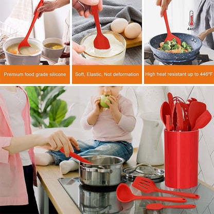 Heat-Resistant 14 Pcs Cooking Utensils Set with Holder, Heat Resistant Silicone Kitchen Cookware Utensils Set, Kitchen Cooking Tools... - Premium Stainless Steel Cooking Utensil for Non-Stick Pots Detail