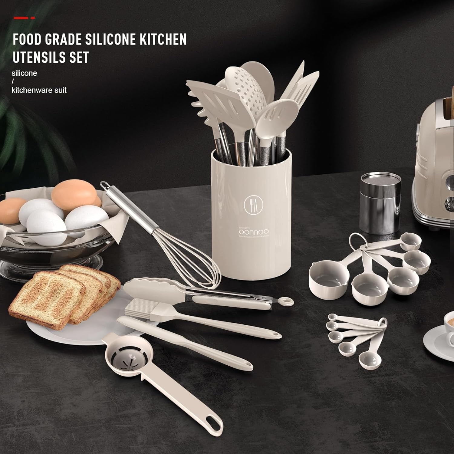 Seamless One-Piece Large Silicone Cooking Utensils Set - Heat Resistant Kitchen Utensils,Turner Tongs,Spatula,Spoon,Brush,Whisk,Stainles... - Premium Stainless Steel Cooking Utensil for Non-Stick Pots Detail