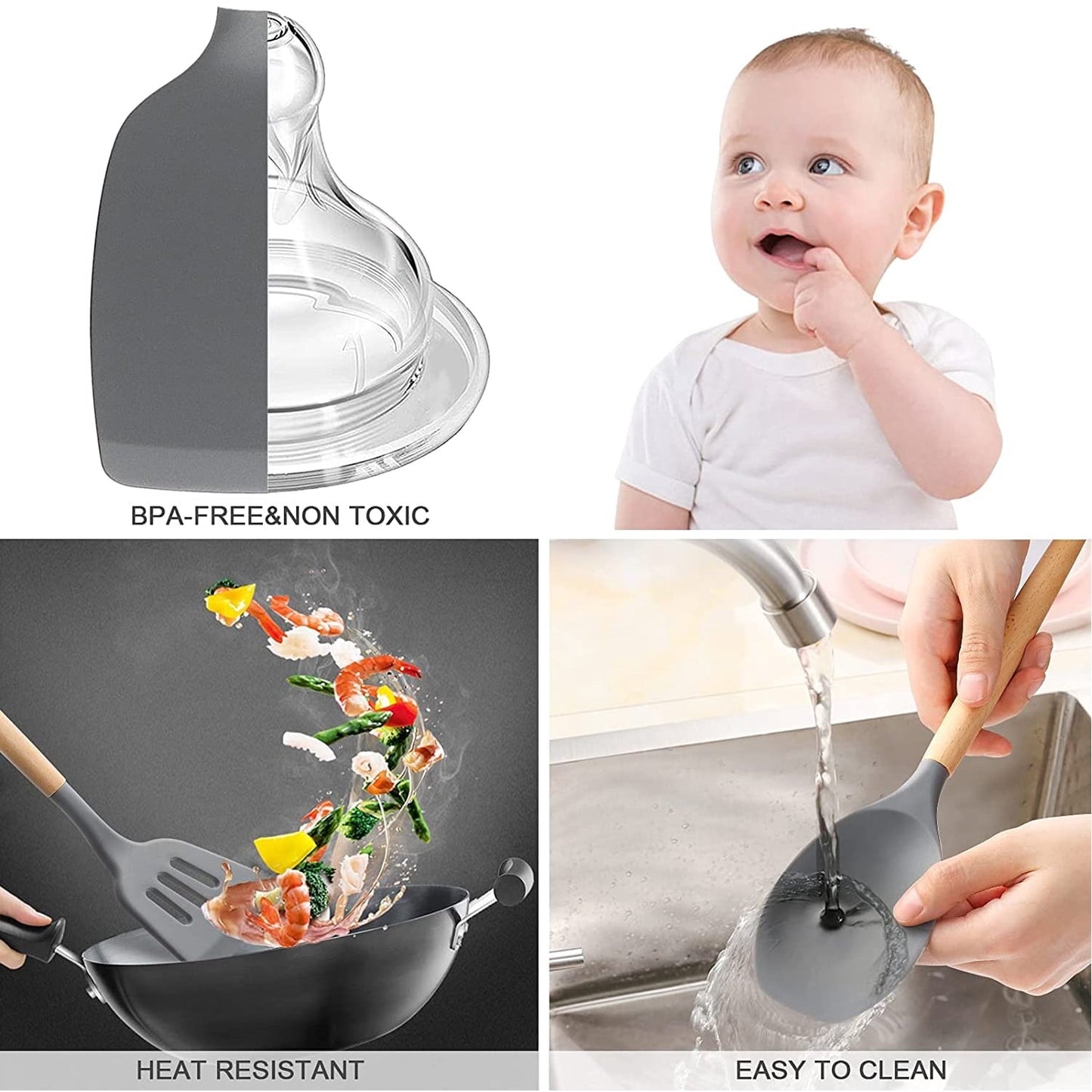Ergonomic Cooking Silicone Cooking Utensils Set, 446°F Heat Resistant Wooden Handle Cooking Kitchen Utensils Spatula Set with Holder fo... - Heat-Resistant Silicone Cooking Spatula Turner Detail