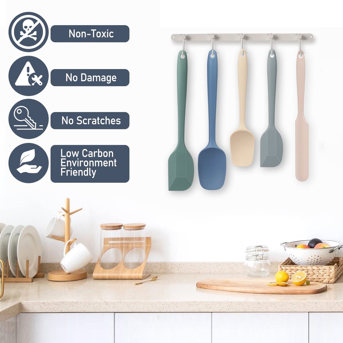 Ergonomic Cooking Food Grade Silicone Rubber Spatula Set, 5 Pcs Kithen Cooking Mixing Utensil Set, BPA-Free High Heat Resistant... - Premium Stainless Steel Cooking Utensil for Non-Stick Pots Detail