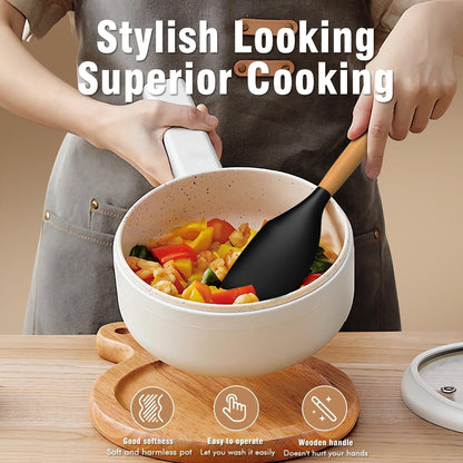 Non-Stick Safe Silicone Cooking Utensils Set - Silicone Kitchen Utensils for Cooking Wooden Handles, 446°F Heat Resistant Kitchen Ut... - Ergonomic Kitchen Tongs and Cooking Spoon Utensil Detail