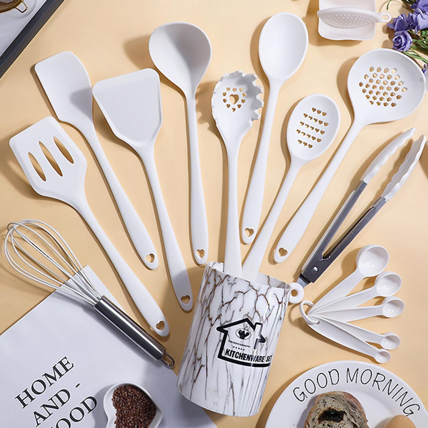 Premium Silicone Silicone Cooking Utensils Set - 446°F Heat Resistant Kitchen Utensils,Turner Tongs,Spatula,Spoon,Brush,Whisk,Kitchen ... - Ergonomic Kitchen Tongs and Cooking Spoon Utensil Detail