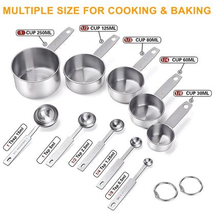 Premium Silicone Measuring Cups and Spoons Set of 10, 5 Stainless Steel Cups and 5 Spoons for Kitchen Cooking Baking - Ergonomic Kitchen Tongs and Cooking Spoon Utensil Detail