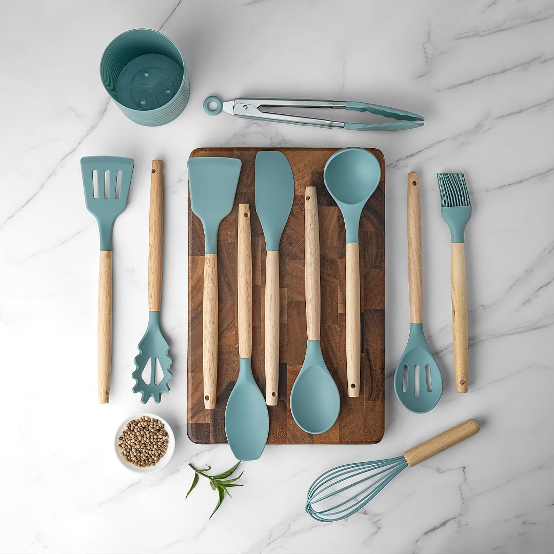 Premium Silicone Small Silicone Cooking Utensils with Holder Set (12Pack), Aqua Kitchen Tools with Wooden Handle for Nonstick... - Heat-Resistant Silicone Cooking Spatula Turner Detail