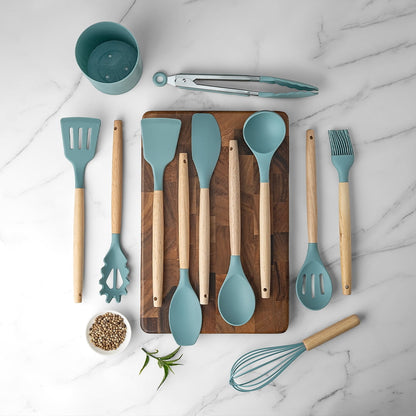 Premium Silicone Small Silicone Cooking Utensils with Holder Set (12Pack), Aqua Kitchen Tools with Wooden Handle for Nonstick... - Heat-Resistant Silicone Cooking Spatula Turner Detail