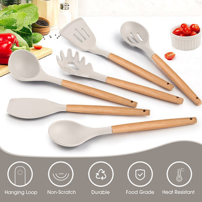 Heat-Resistant Kitchen Utensils Set of 6, Silicone Cooking Utensils with Wooden Handle, Non-Stick Cookware & Heat Resistant, Include... - Ergonomic Kitchen Tongs and Cooking Spoon Utensil Detail