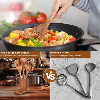 Heat-Resistant Wooden Spoons for Cooking, 8 Pcs Natural Teak Wooden Utensils Set, Non-Stick & Heat Resistant Durable Wood ... - Premium Stainless Steel Cooking Utensil for Non-Stick Pots Detail