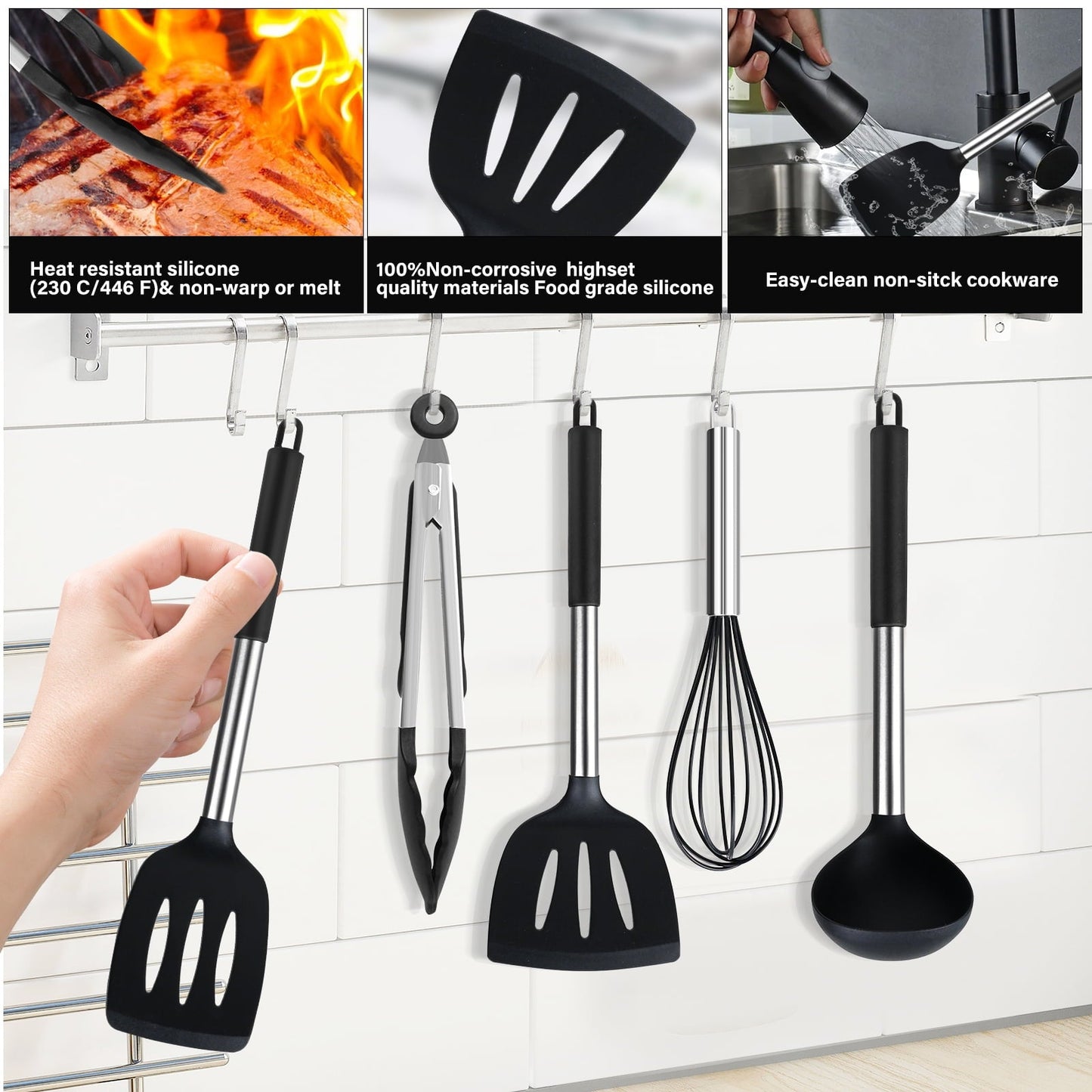Ergonomic Cooking Silicone Cooking Utensils Set, 26 Pcs, Heat Resistant Kitchen Utensils Set, Black - Premium Stainless Steel Cooking Utensil for Non-Stick Pots Detail