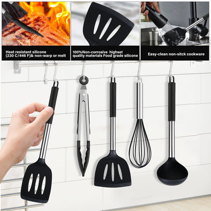 Ergonomic Cooking Silicone Cooking Utensils Set, 26 Pcs, Heat Resistant Kitchen Utensils Set, Black - Premium Stainless Steel Cooking Utensil for Non-Stick Pots Detail