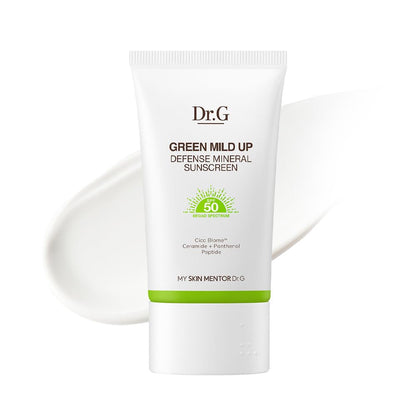 Dr. G Green Mild Up Defense Mineral Sunscreen - SPF 50 Broad Spectrum Korean Sunscreen - Lightweight & Reef-Safe Mineral Formula - For Sensitive Skin - Non-Greasy - With Centella Asiatica - 1.69 fl oz