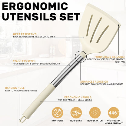 Premium Silicone Silicone Cooking Utensil Set, 30 Pcs Kitchen Utensils Set with Stainless Steel Handle, Food Grade Silicone Spatula Se... - Durable Turner & Ladle Utensil Set for Home Chefs Detail