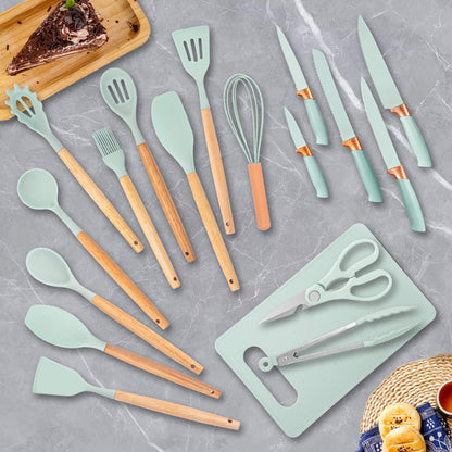 Seamless One-Piece 19pcs Silicone Kitchen Utensil Set, Heat-Resistant Non-Stick Easy Cooking Cleaning Home Light-Green - Ergonomic Kitchen Tongs and Cooking Spoon Utensil Detail