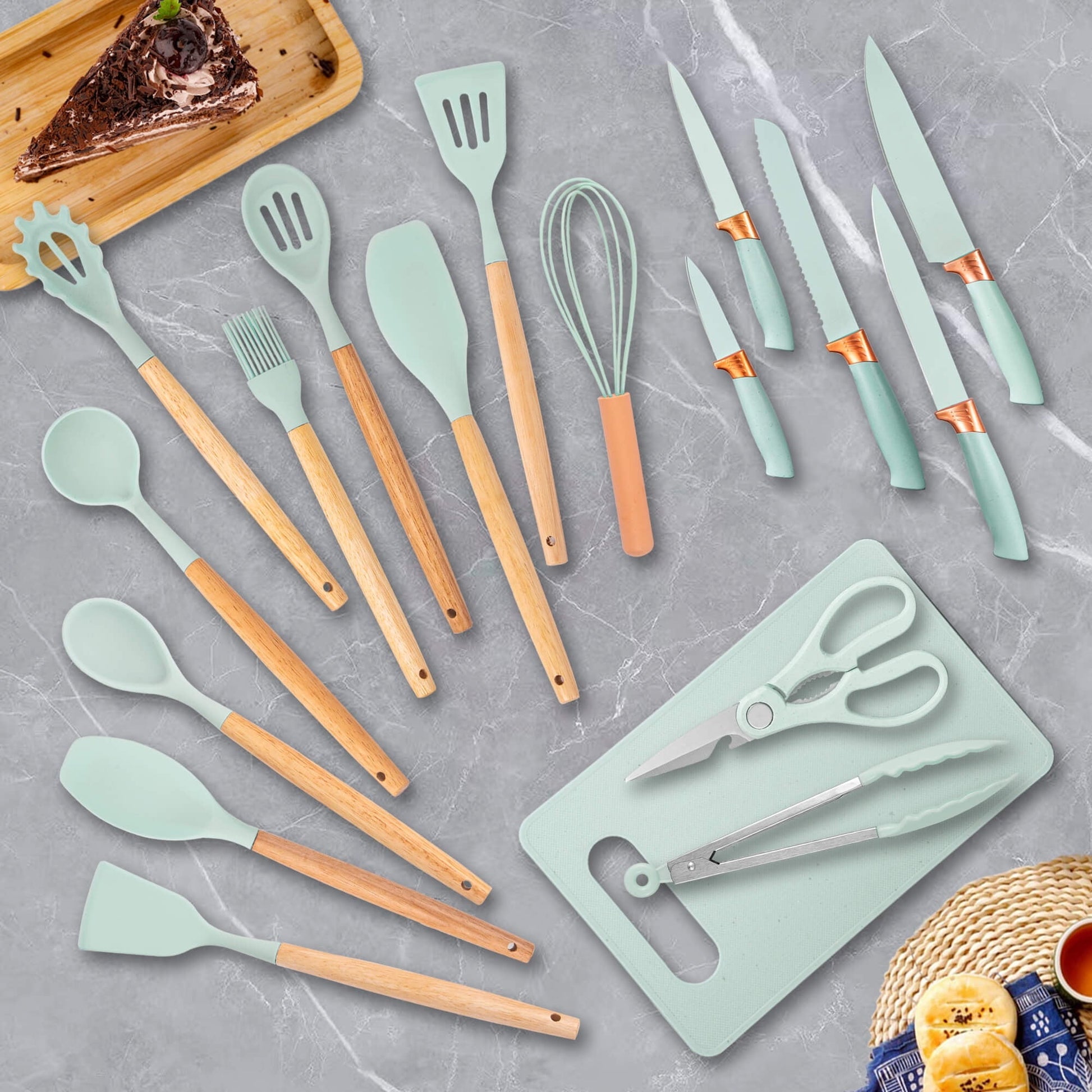 Durable Steel 19pcs Silicone Kitchen Utensil Set, Heat-Resistant Non-Stick Easy Cooking Cleaning Home Light-Green - Professional Kitchen Tool for Culinary Enthusiasts Detail