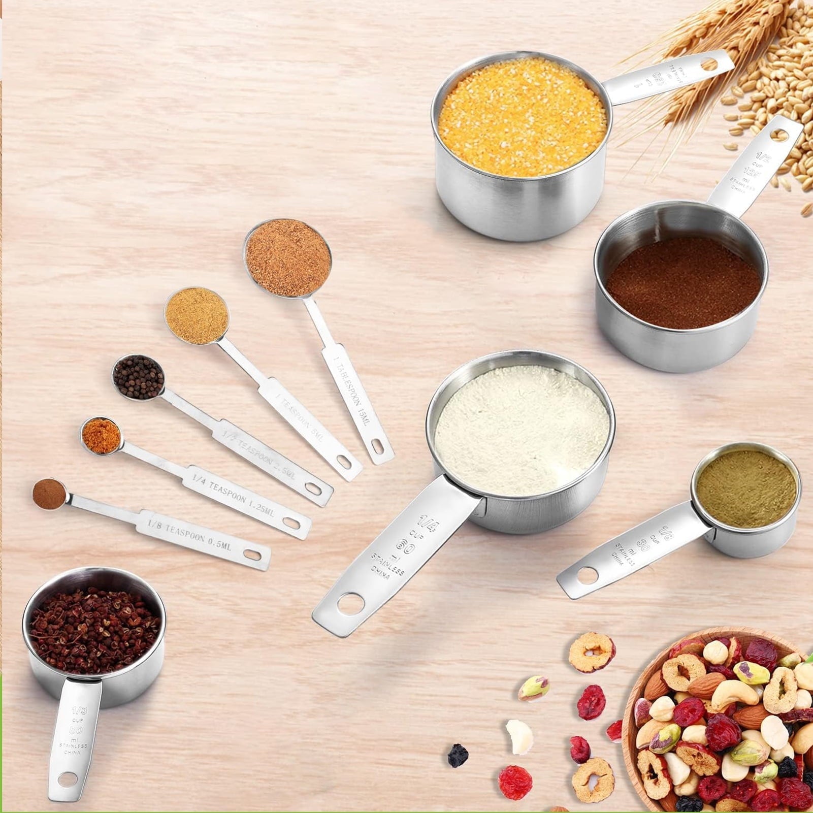 Premium Silicone Measuring Cups and Spoons Set of 10, 5 Stainless Steel Cups and 5 Spoons for Kitchen Cooking Baking - Ergonomic Kitchen Tongs and Cooking Spoon Utensil Detail