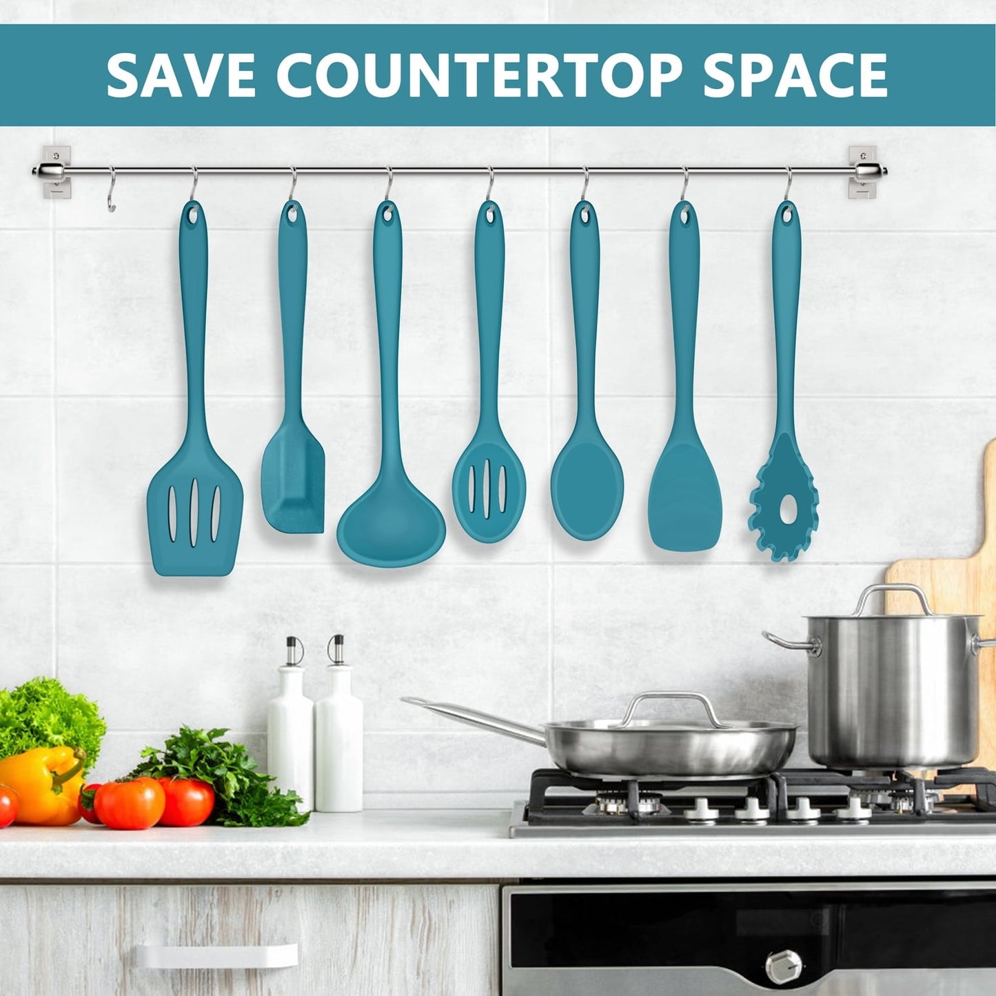 Seamless One-Piece 7-Piece Silicone Cooking Utensils Set, Blue Kitchen Utensils, Non-stick Gadgets Tools Include Slotted Turner, Soup La... - Premium Stainless Steel Cooking Utensil for Non-Stick Pots Detail