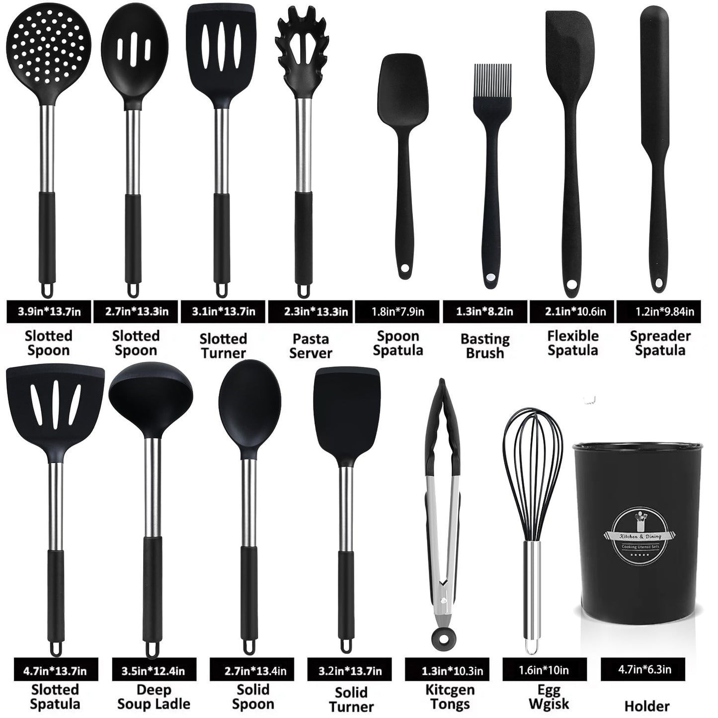 Ergonomic Cooking Silicone Cooking Utensils Set, 26 Pcs, Heat Resistant Kitchen Utensils Set, Black - Premium Stainless Steel Cooking Utensil for Non-Stick Pots Detail