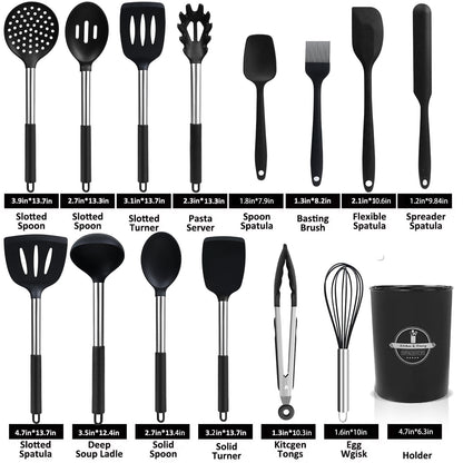 Ergonomic Cooking Silicone Cooking Utensils Set, 26 Pcs, Heat Resistant Kitchen Utensils Set, Black - Premium Stainless Steel Cooking Utensil for Non-Stick Pots Detail