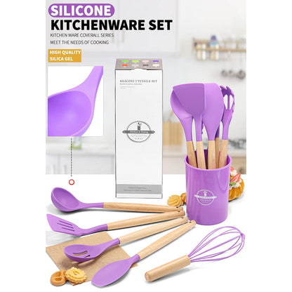 Seamless One-Piece 12Pcs Cooking Kitchen Utensils Set with Holder,Wooden Handles Cooking Tool,BPA Free,Non Toxic Turner Tongs Spa... - Durable Turner & Ladle Utensil Set for Home Chefs Detail