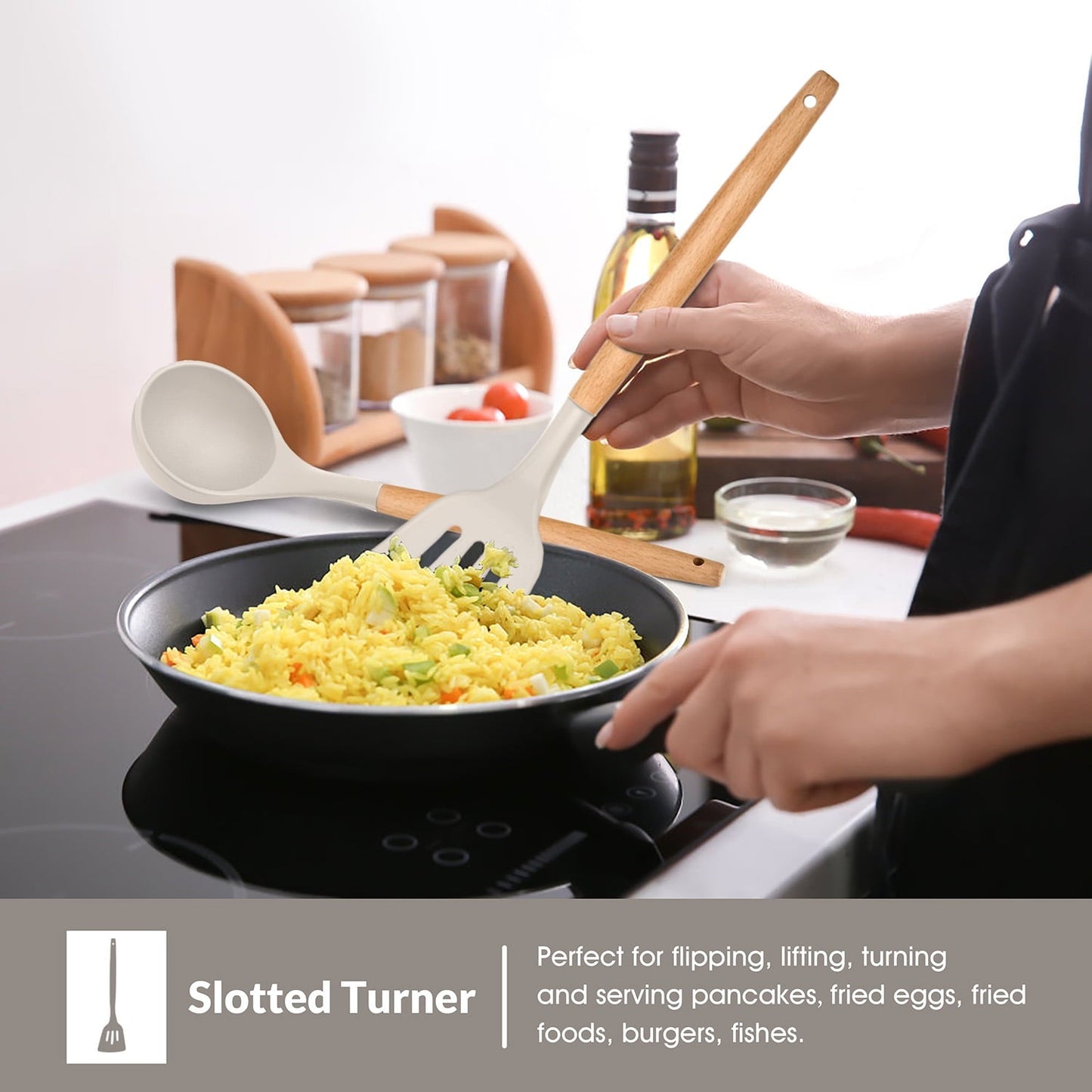 Heat-Resistant Kitchen Utensils Set of 6, Silicone Cooking Utensils with Wooden Handle, Non-Stick Cookware & Heat Resistant, Include... - Ergonomic Kitchen Tongs and Cooking Spoon Utensil Detail