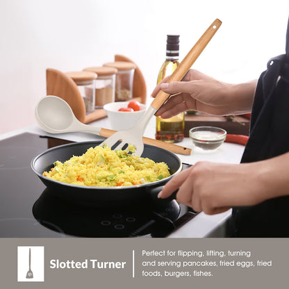 Heat-Resistant Kitchen Utensils Set of 6, Silicone Cooking Utensils with Wooden Handle, Non-Stick Cookware & Heat Resistant, Include... - Ergonomic Kitchen Tongs and Cooking Spoon Utensil Detail