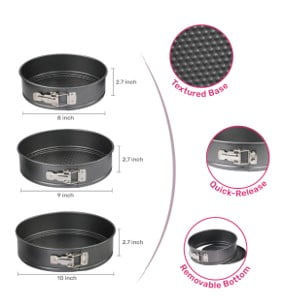 Multi-Functional 8", 9", 10" Round Nonstick Carbon Steel Springform Cake Pans, Gray, Set of 3 - Kitchen Gadget Tool for Quick Food Prep Detail