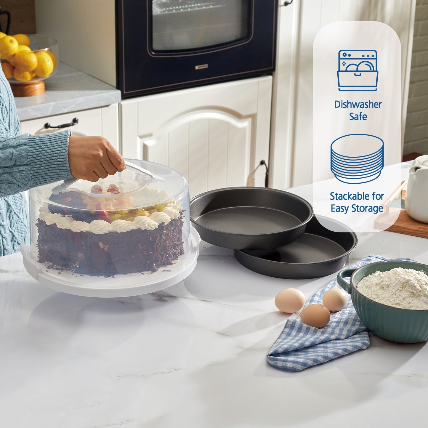 Time-Saving 12 inch Clear Cake Carrier with 2pk 9 inch Gray Round Pans, Carbon Steel - Innovative Kitchen Helper for Modern Cooking Detail