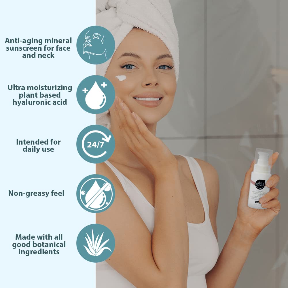 All Good Anti-Aging Daily Mineral Sunscreen Face Moisturizer with SPF 50 Protection | w/Hyaluronic Acid, Niacinamide, Calendula Extract | Hydrating Facial Lotion w/Broad Spectrum Protection - 1oz