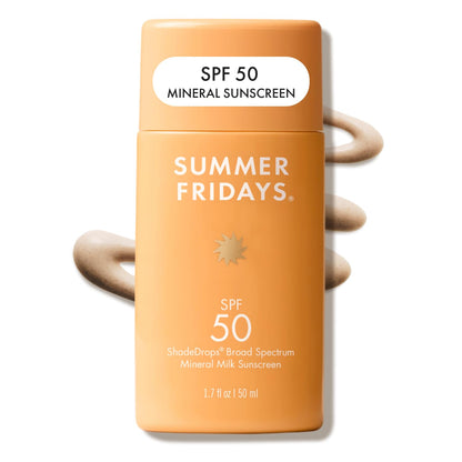 Summer Fridays ShadeDrops SPF 50 Mineral Milk Sunscreen - Lightweight + Hydrating Face Sunscreen - Zinc Oxide SPF for Face with Ceramides - Daily Skin Care for Sensitive Skin - Vegan Sunblock (1.7 Oz)