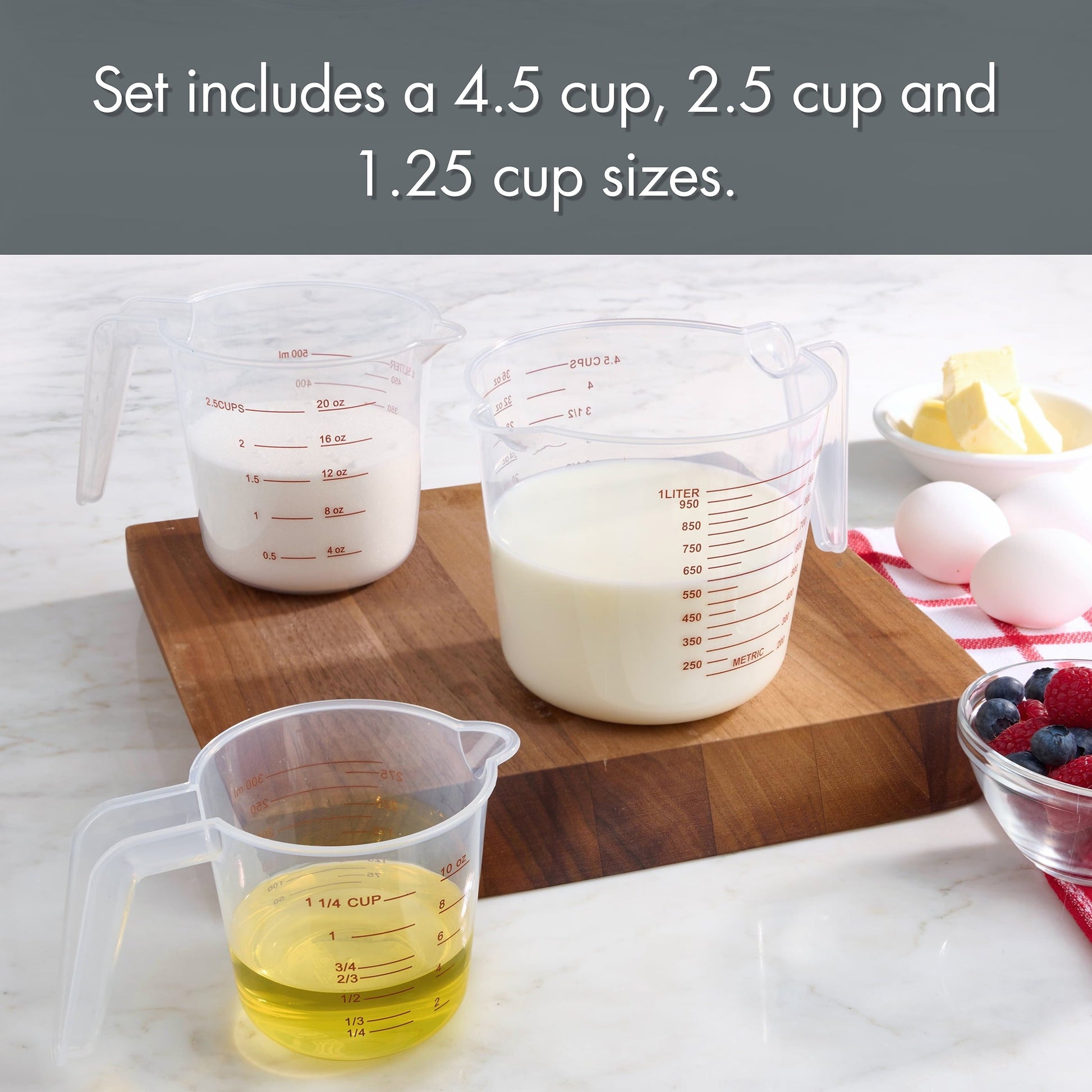 Ergonomic Manual 3-Piece Tapered Spout Nesting Plastic Measuring Cups Set, Clear - Kitchen Gadget Tool for Quick Food Prep Detail