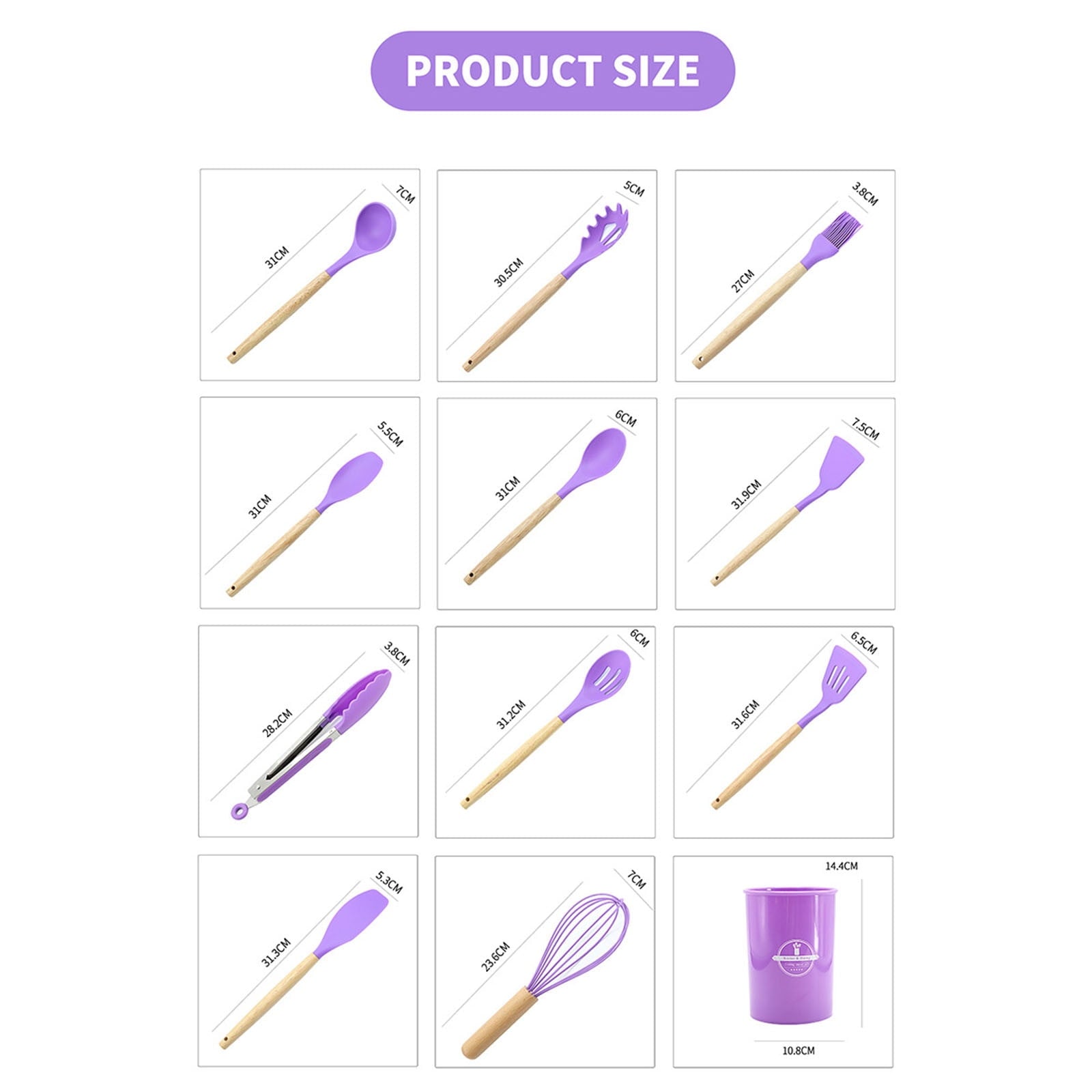 Seamless One-Piece 12Pcs Cooking Kitchen Utensils Set with Holder,Wooden Handles Cooking Tool,BPA Free,Non Toxic Turner Tongs Spa... - Durable Turner & Ladle Utensil Set for Home Chefs Detail