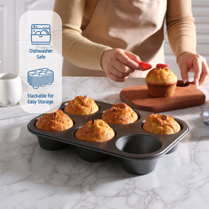Premium Kitchen 6 Cup Jumbo Muffin Pan, Non-Stick Bakeware,3.4 inch Diameter Cups,Gray,Carbon Steel - Kitchen Gadget Tool for Quick Food Prep Detail
