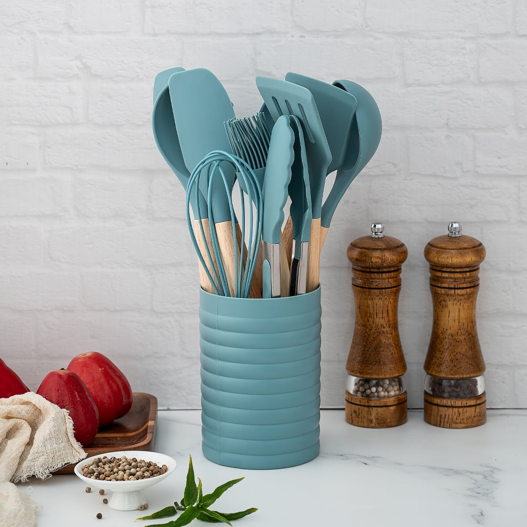 Premium Silicone Small Silicone Cooking Utensils with Holder Set (12Pack), Aqua Kitchen Tools with Wooden Handle for Nonstick... - Heat-Resistant Silicone Cooking Spatula Turner Detail